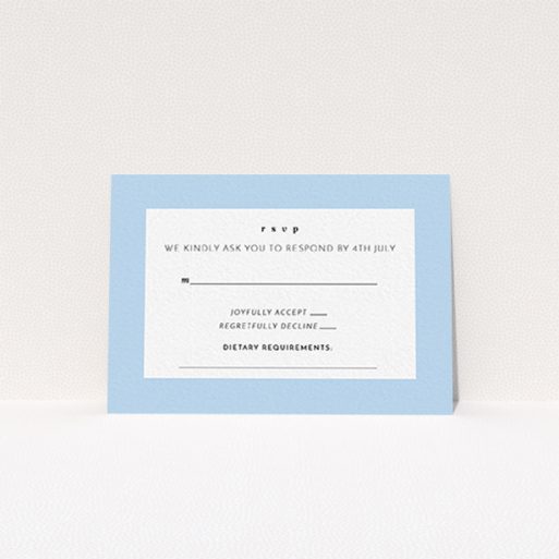 Wedding Response Card - Pastel Flower Border (Light Blue) A wedding rsvp card design called "Pastel flower border". It is an A7 card in a landscape orientation. "Pastel flower border" is available as a flat card, with mainly blue colouring.