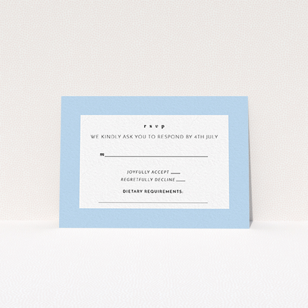 A wedding rsvp card design called "Pastel flower border". It is an A7 card in a landscape orientation. "Pastel flower border" is available as a flat card, with mainly blue colouring.