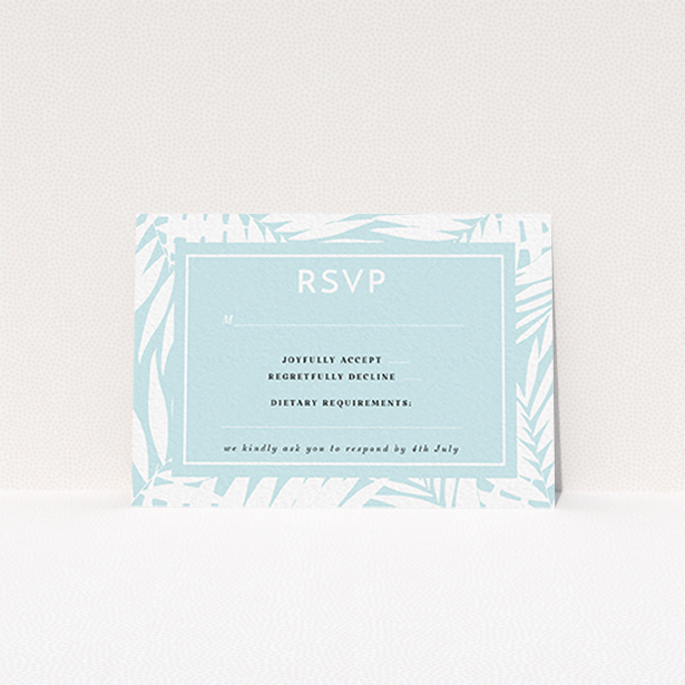 A wedding rsvp card template titled "Pastel Jungle". It is an A7 card in a landscape orientation. "Pastel Jungle" is available as a flat card, with tones of blue and white.