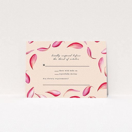 Wedding RSVP Card Design Design - "Petal avalanche" A wedding rsvp card named "Petal avalanche". It is an A7 card in a landscape orientation. "Petal avalanche" is available as a flat card, with tones of pink, red and white.