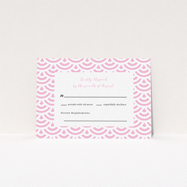 A wedding rsvp card named "Pink Fans". It is an A7 card in a landscape orientation. "Pink Fans" is available as a flat card, with tones of pink and white.