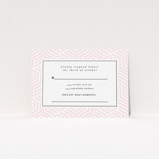 Wedding RSVP Card Design Design - "Pink geometric maze" A wedding rsvp card template titled "Pink geometric maze". It is an A7 card in a landscape orientation. "Pink geometric maze" is available as a flat card, with tones of pink and white.