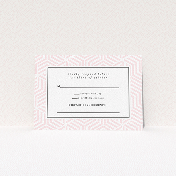 A wedding rsvp card template titled "Pink geometric maze". It is an A7 card in a landscape orientation. "Pink geometric maze" is available as a flat card, with tones of pink and white.