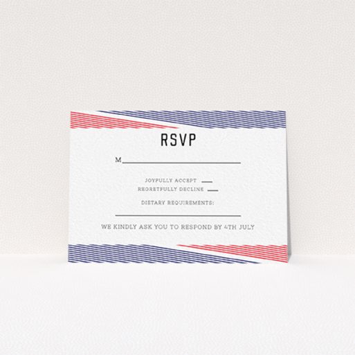 Wedding RSVP Card Design Design - "Preppy Lines" A wedding rsvp card design named "Preppy Lines". It is an A7 card in a landscape orientation. "Preppy Lines" is available as a flat card, with tones of red and blue.