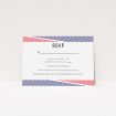 A wedding rsvp card design named "Preppy Lines". It is an A7 card in a landscape orientation. "Preppy Lines" is available as a flat card, with tones of red and blue.