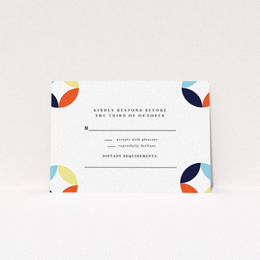 Wedding RSVP Card Design Design - "Round and Round" A wedding rsvp card named "Round and Round". It is an A7 card in a landscape orientation. "Round and Round" is available as a flat card, with mainly light blue colouring.