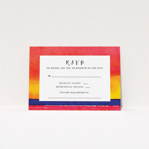 Wedding RSVP Card Design Design - "Setting Sun" A wedding rsvp card template titled "Setting Sun". It is an A7 card in a landscape orientation. "Setting Sun" is available as a flat card, with tones of red, yellow and navy blue.