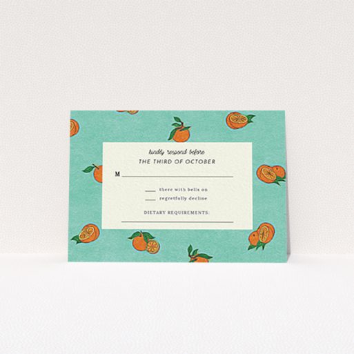 Wedding RSVP Card Design Design - "Seville" A wedding rsvp card design named "Seville". It is an A7 card in a landscape orientation. "Seville" is available as a flat card, with tones of orange and blue.