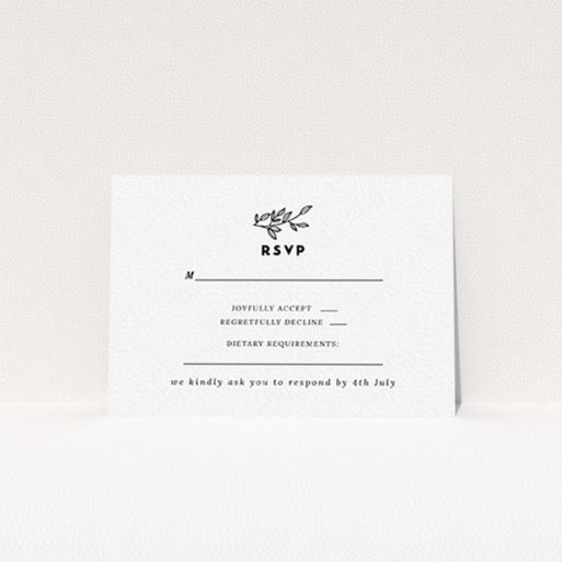 Wedding RSVP Card Design Design - "Simple Wreath" A wedding rsvp card called "Simple Wreath". It is an A7 card in a landscape orientation. "Simple Wreath" is available as a flat card, with tones of black and white.