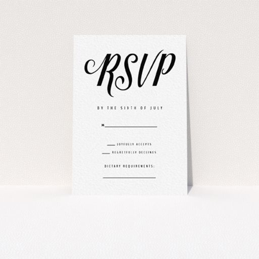 Wedding RSVP Card Design Design - "Slant Typography Black" A wedding rsvp card named "Slant Typography Black". It is an A7 card in a portrait orientation. "Slant Typography Black" is available as a flat card, with tones of black and white.