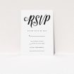 A wedding rsvp card named "Slant Typography Black". It is an A7 card in a portrait orientation. "Slant Typography Black" is available as a flat card, with tones of black and white.