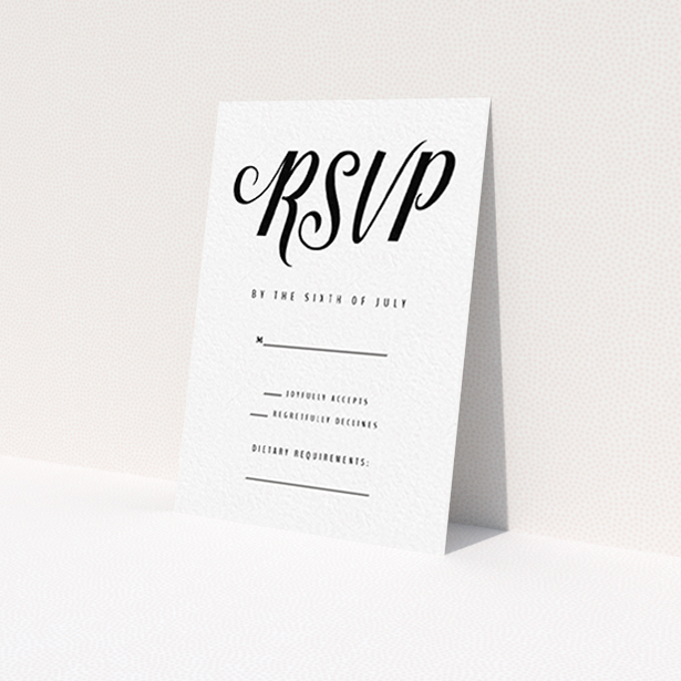 A wedding rsvp card named "Slant Typography Black". It is an A7 card in a portrait orientation. "Slant Typography Black" is available as a flat card, with tones of black and white.