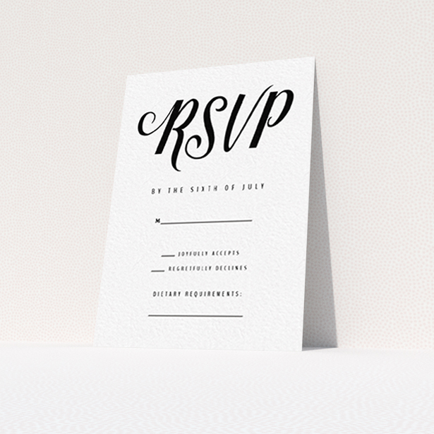 A wedding rsvp card named "Slant Typography Black". It is an A7 card in a portrait orientation. "Slant Typography Black" is available as a flat card, with tones of black and white.
