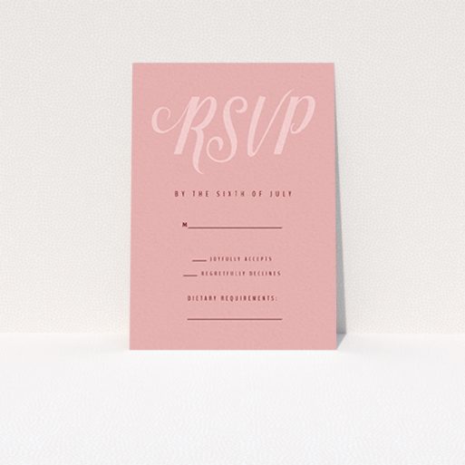 Wedding RSVP Card Design Design - "Slant Typography Pastel pink" A wedding rsvp card design called "Slant Typography Pastel pink". It is an A7 card in a portrait orientation. "Slant Typography Pastel pink" is available as a flat card, with mainly pink colouring.