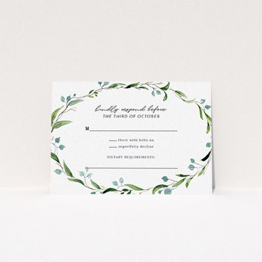 Wedding RSVP Card Design Design - "Thin Watercolour Wreath" A wedding rsvp card named "Thin Watercolour Wreath". It is an A7 card in a landscape orientation. "Thin Watercolour Wreath" is available as a flat card, with tones of blue and green.