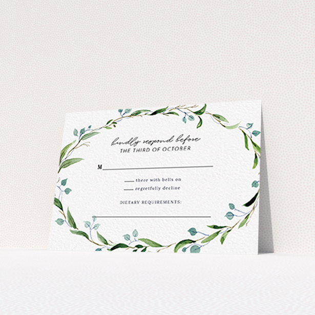A wedding rsvp card named "Thin Watercolour Wreath". It is an A7 card in a landscape orientation. "Thin Watercolour Wreath" is available as a flat card, with tones of blue and green.