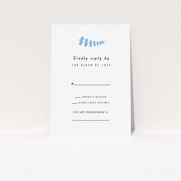 A wedding rsvp card named "Us and blossom". It is an A7 card in a portrait orientation. "Us and blossom" is available as a flat card, with tones of white and blue.