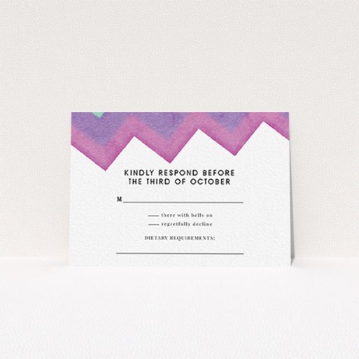Wedding RSVP Card Design Design - "Vibrant Peaks" A wedding rsvp card design named "Vibrant Peaks". It is an A7 card in a landscape orientation. "Vibrant Peaks" is available as a flat card, with tones of white, dark pink and purple.