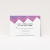 A wedding rsvp card design named "Vibrant Peaks". It is an A7 card in a landscape orientation. "Vibrant Peaks" is available as a flat card, with tones of white, dark pink and purple.