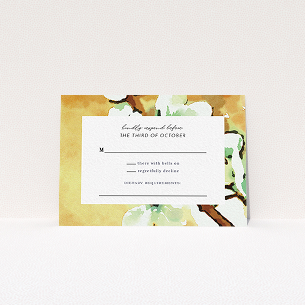 A wedding rsvp card design named "Vintage Blossom". It is an A7 card in a landscape orientation. "Vintage Blossom" is available as a flat card, with tones of deep orange, mint green and white.