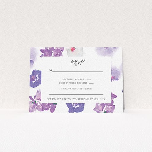 Wedding RSVP Card Design Design - "Violet Explosion" A wedding rsvp card named "Violet Explosion". It is an A7 card in a landscape orientation. "Violet Explosion" is available as a flat card, with mainly purple/dark pink colouring.