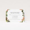 A wedding rsvp card design named "Watercolour Olive Wreath". It is an A7 card in a landscape orientation. "Watercolour Olive Wreath" is available as a flat card, with tones of green, dark green and terracotta.