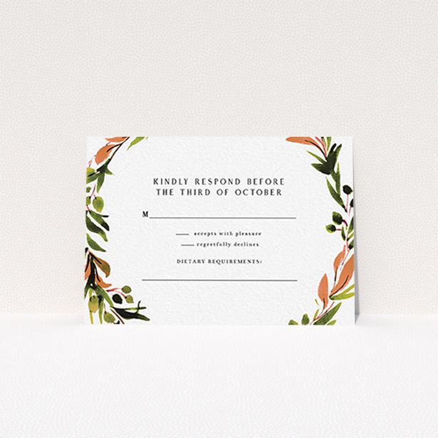 A wedding rsvp card design named "Watercolour Olive Wreath". It is an A7 card in a landscape orientation. "Watercolour Olive Wreath" is available as a flat card, with tones of green, dark green and terracotta.