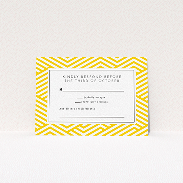 A wedding rsvp card called "Yellow lines". It is an A7 card in a landscape orientation. "Yellow lines" is available as a flat card, with tones of yellow and white.
