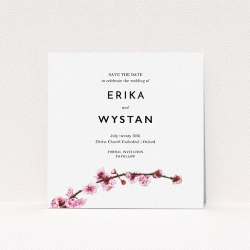 Wedding Save The Date Design - "A side of Blossom" A wedding save the date called "A side of Blossom". It is a square (148mm x 148mm) save the date in a square orientation. "A side of Blossom" is available as a flat save the date, with tones of pink and brown.