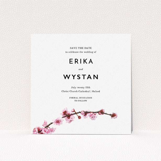 A wedding save the date called "A side of Blossom". It is a square (148mm x 148mm) save the date in a square orientation. "A side of Blossom" is available as a flat save the date, with tones of pink and brown.