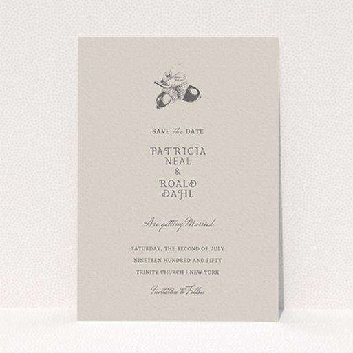 Wedding Save The Date Design - "Acorn stamp" A wedding save the date design named "Acorn stamp". It is an A6 save the date in a portrait orientation. "Acorn stamp" is available as a flat save the date, with mainly dark cream colouring.