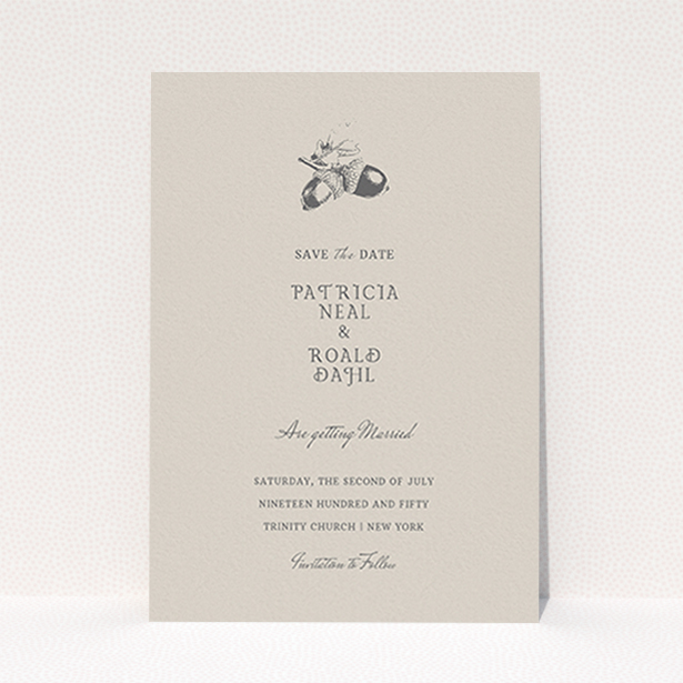 A wedding save the date design named "Acorn stamp". It is an A6 save the date in a portrait orientation. "Acorn stamp" is available as a flat save the date, with mainly dark cream colouring.