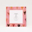 A wedding save the date template titled "Albuquerque". It is a square (148mm x 148mm) save the date in a square orientation. "Albuquerque" is available as a flat save the date, with tones of pink, orange and brown.