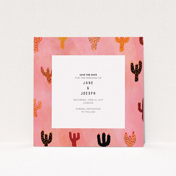 A wedding save the date template titled "Albuquerque". It is a square (148mm x 148mm) save the date in a square orientation. "Albuquerque" is available as a flat save the date, with tones of pink, orange and brown.