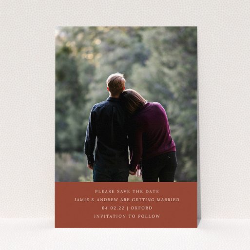 Wedding Save The Date Design - "Autumnal Photo" A wedding save the date design titled "Autumnal Photo". It is an A5 save the date in a portrait orientation. It is a photographic wedding save the date with room for 1 photo. "Autumnal Photo" is available as a flat save the date, with mainly dark orange colouring.