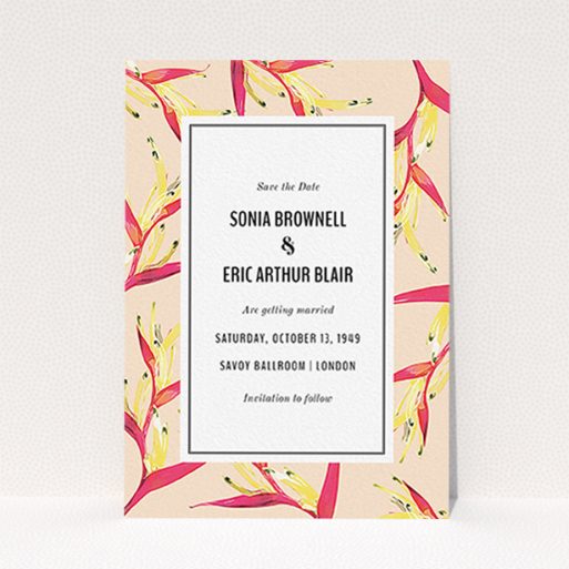 Wedding Save The Date Design - "Birds of paradise" A wedding save the date called "Birds of paradise". It is an A6 save the date in a portrait orientation. "Birds of paradise" is available as a flat save the date, with tones of dark cream and red.