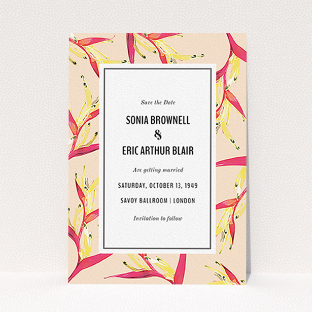 A wedding save the date called "Birds of paradise". It is an A6 save the date in a portrait orientation. "Birds of paradise" is available as a flat save the date, with tones of dark cream and red.