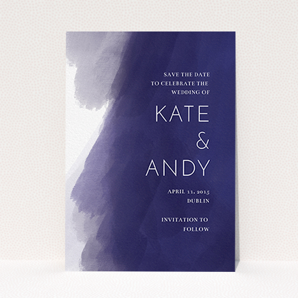 A wedding save the date design named "Blue and Cream". It is an A6 save the date in a portrait orientation. "Blue and Cream" is available as a flat save the date, with tones of blue and white.