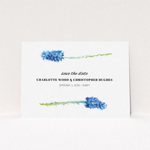 Wedding Save The Date Card Design - "A new bloom" A wedding save the date card called "A new bloom". It is an A6 card in a landscape orientation. "A new bloom" is available as a flat card, with tones of blue and white.