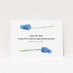 A wedding save the date card called "A new bloom". It is an A6 card in a landscape orientation. "A new bloom" is available as a flat card, with tones of blue and white.
