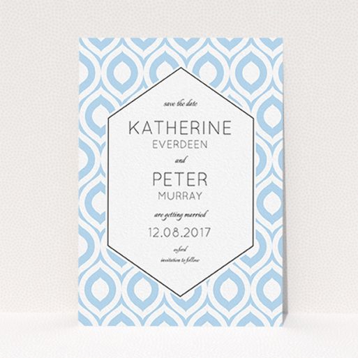 Wedding Save The Date Card Design - "Arabian diamonds" A wedding save the date card named "Arabian diamonds". It is an A6 card in a portrait orientation. "Arabian diamonds" is available as a flat card, with tones of blue and white.