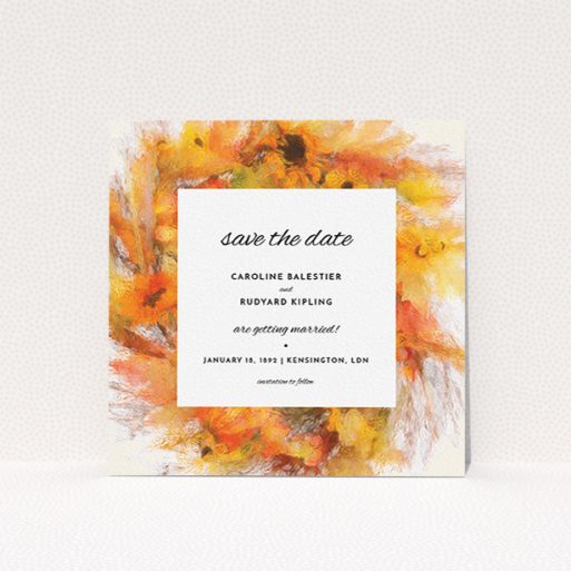 Wedding Save The Date Card Design - "Autumn wreath " A wedding save the date card template titled "Autumn wreath ". It is a square (148mm x 148mm) card in a square orientation. "Autumn wreath " is available as a flat card, with tones of orange and yellow.