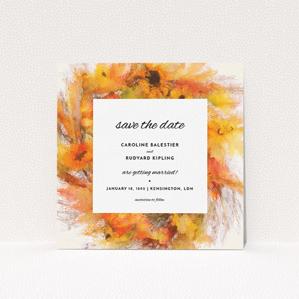 A wedding save the date card template titled "Autumn wreath ". It is a square (148mm x 148mm) card in a square orientation. "Autumn wreath " is available as a flat card, with tones of orange and yellow.