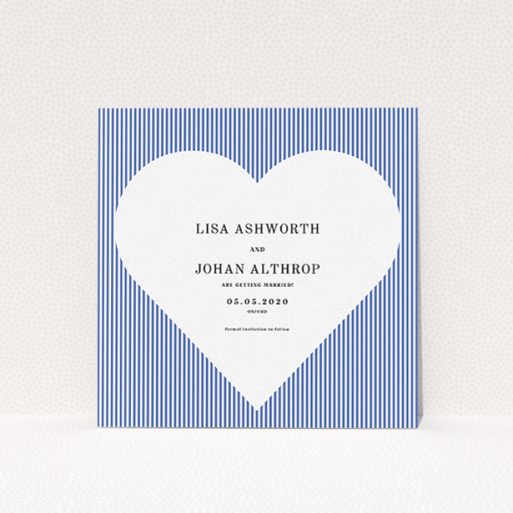 Wedding Save The Date Card Design - "Between the Lines" A wedding save the date card called "Between the Lines". It is a square (148mm x 148mm) card in a square orientation. "Between the Lines" is available as a flat card, with tones of blue and white.