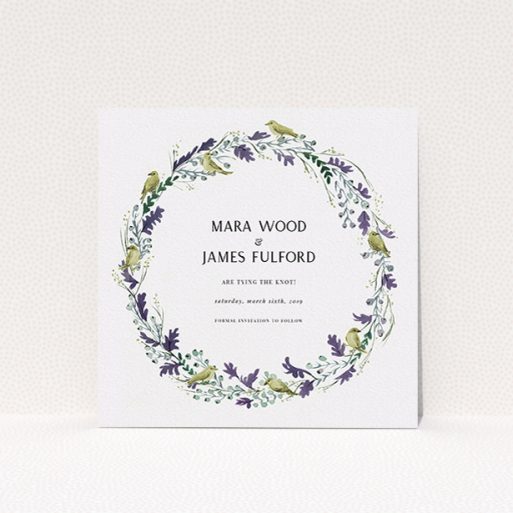 Wedding Save The Date Card Design - "Birdsong" A wedding save the date card design titled "Birdsong". It is a square (148mm x 148mm) card in a square orientation. "Birdsong" is available as a flat card, with tones of off-white and dark green.