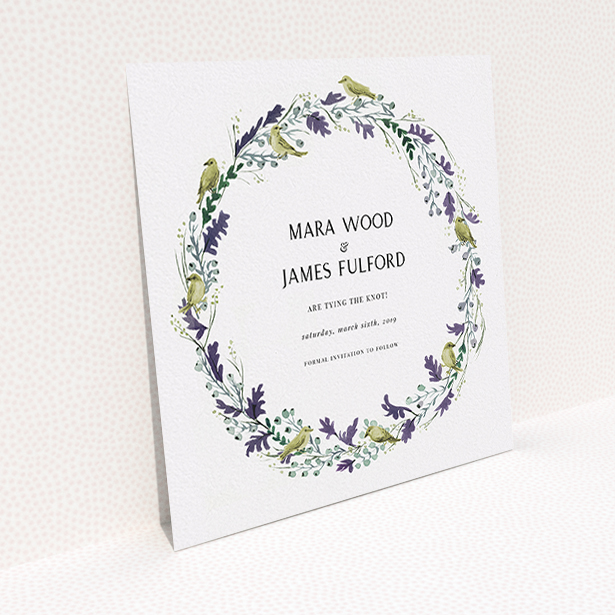 A wedding save the date card design titled "Birdsong". It is a square (148mm x 148mm) card in a square orientation. "Birdsong" is available as a flat card, with tones of off-white and dark green.
