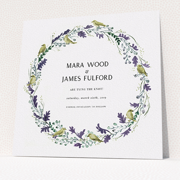 A wedding save the date card design titled "Birdsong". It is a square (148mm x 148mm) card in a square orientation. "Birdsong" is available as a flat card, with tones of off-white and dark green.