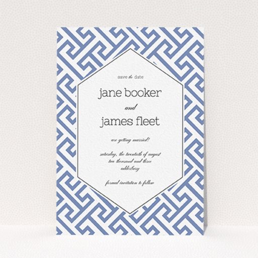 Wedding Save The Date Card Design - "Blue and white maze" A wedding save the date card design called "Blue and white maze". It is an A6 card in a portrait orientation. "Blue and white maze" is available as a flat card, with tones of blue and white.
