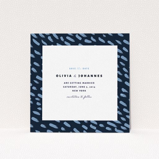 Wedding Save The Date Card Design - "Blue strokes" A wedding save the date card template titled "Blue strokes". It is a square (148mm x 148mm) card in a square orientation. "Blue strokes" is available as a flat card, with tones of blue and white.