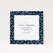 A wedding save the date card template titled "Blue strokes". It is a square (148mm x 148mm) card in a square orientation. "Blue strokes" is available as a flat card, with tones of blue and white.